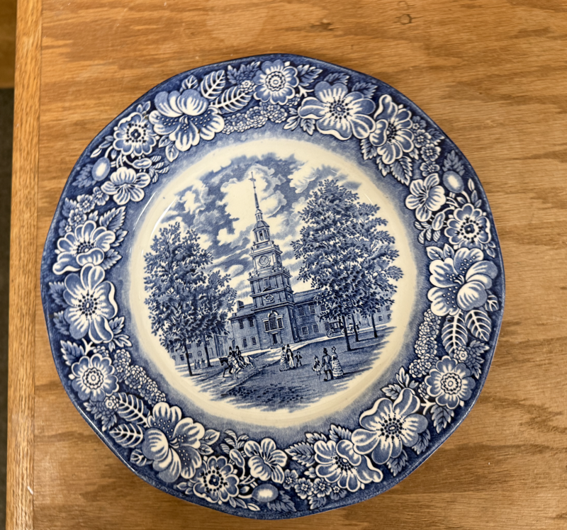 Blue and White Decorative Plate with Church Tower Scene