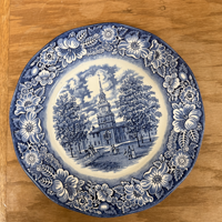 Blue and White Decorative Plate with Church Tower Scene